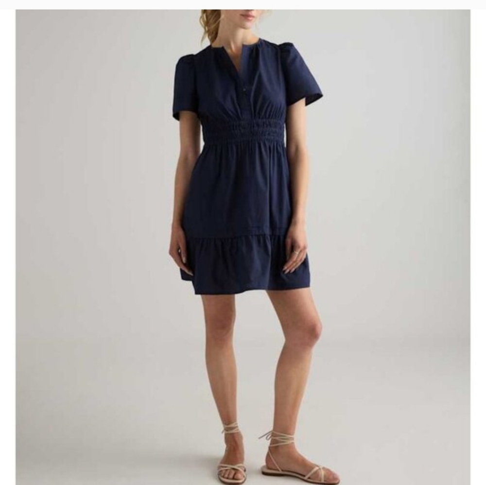 New $140 Quince 100% Cotton Poplin Tiered Mini Dress Navy Blue S Small